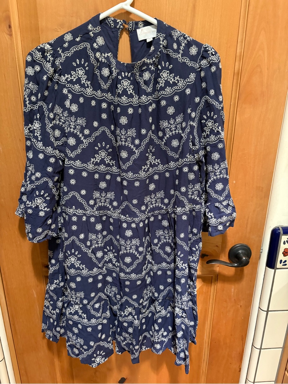 Embroidered high neck bell-sleeve mini dress